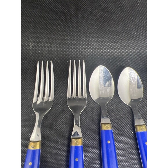 Andre Verdier Like FranceFlatware Set Blue AcrylicHandles Brass Rivets VTG 4 Pc - Picture 12 of 12